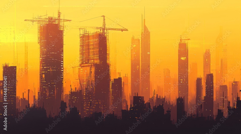 Sunset cityscape with buildings under construction. Sunset cityscape with buildings under construction.