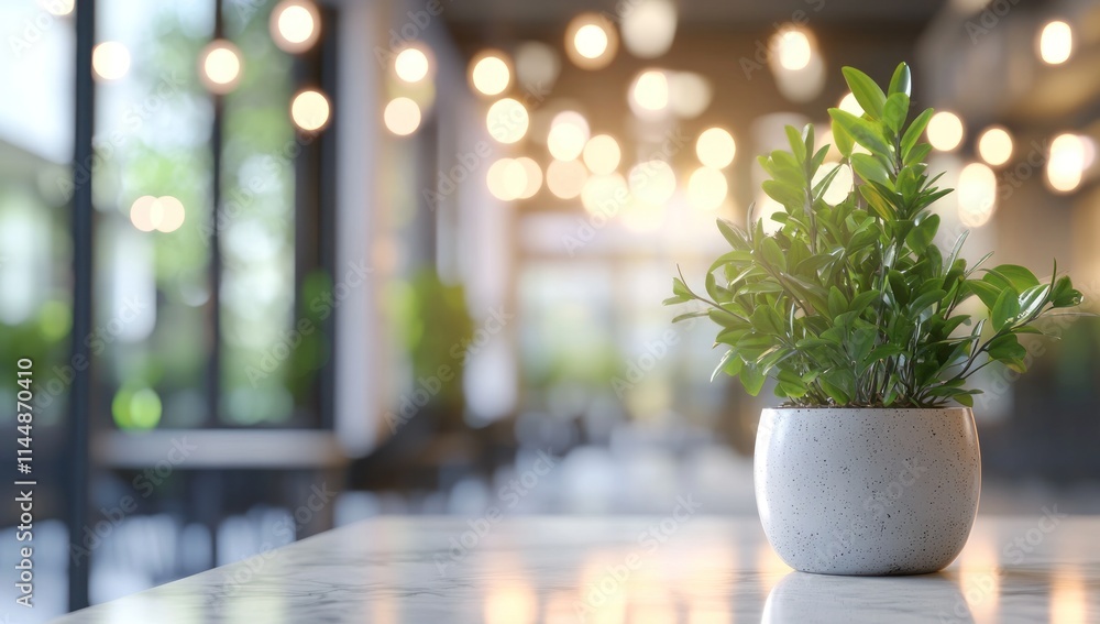 Plant on table in blurred cafe with lights. Plant on table in blurred cafe with lights.