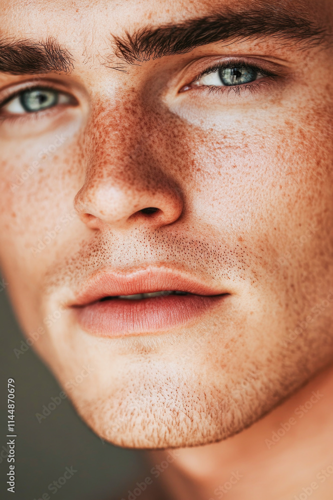 Close-up portrait of a young caucasian male with freckles and blue eyes Close-up portrait of a young caucasian male with freckles and blue eyes