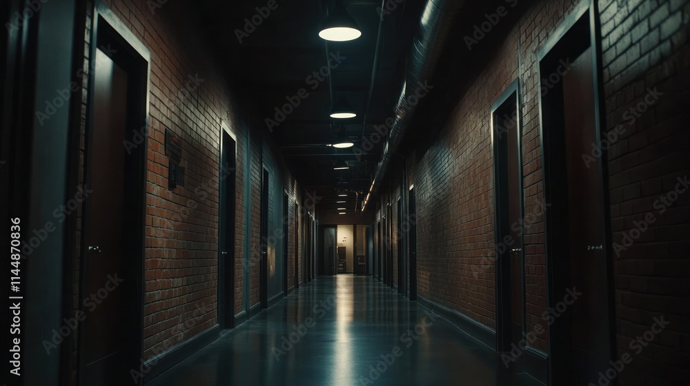 Long, brick hallway with doors, overhead lights. Long, brick hallway with doors, overhead lights.