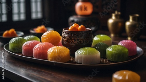 Colorful Chinese desserts on wooden tray with traditional decorations in warm lighting