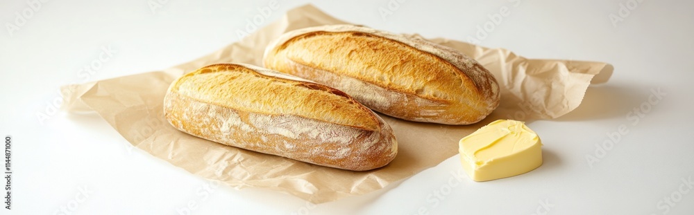 Bread loaves with butter on paper. Bread loaves with butter on paper.