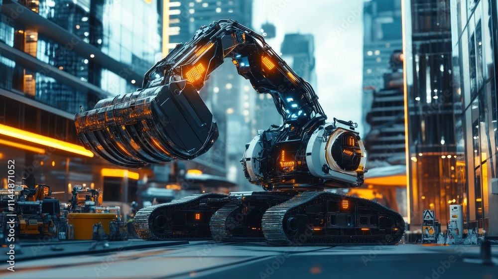 Huge autonomous heavy robots explore the streets of a cyberpunk city background wallpaper AI generated image Huge autonomous heavy robots explore the streets of a cyberpunk city background wallpaper AI generated image