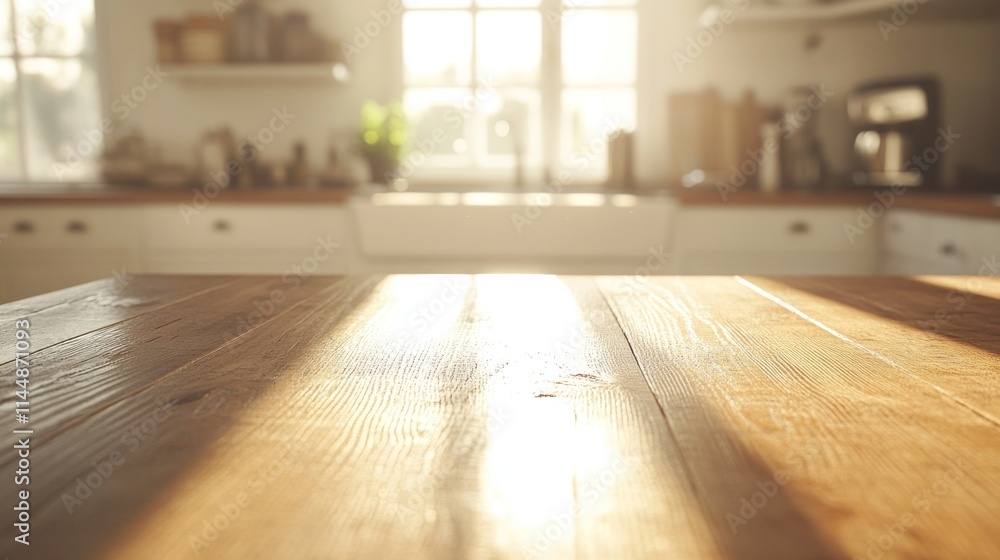 Sunny kitchen with wood table in the foreground, blurred background. Sunny kitchen with wood table in the foreground, blurred background.