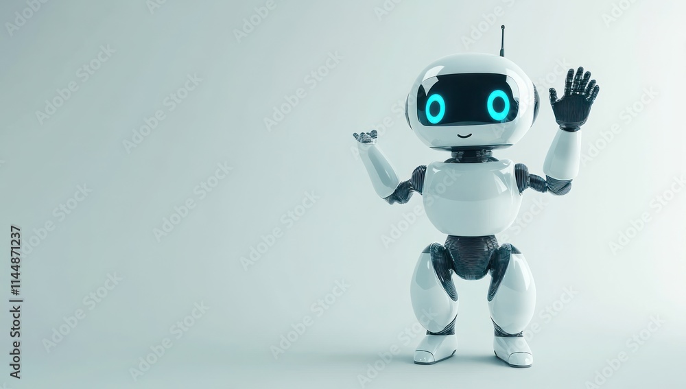 Friendly robot waving with glowing blue eyes on a white background.