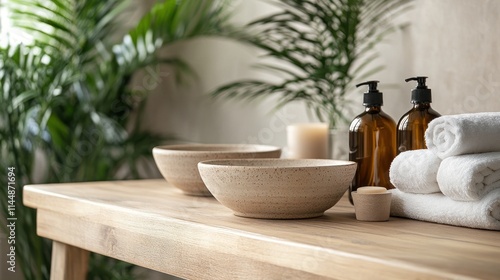 Spa setup with bowls, dispensers, towels, on wooden surface.