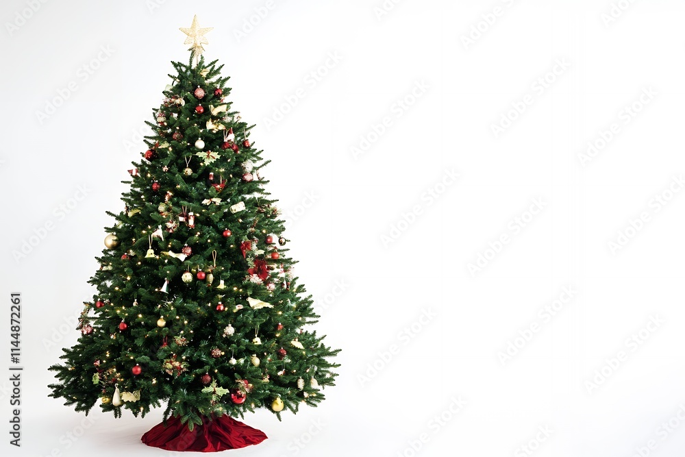 Decorated Christmas tree with ornaments and a star at the top in festive colors Decorated Christmas tree with ornaments and a star at the top in festive colors