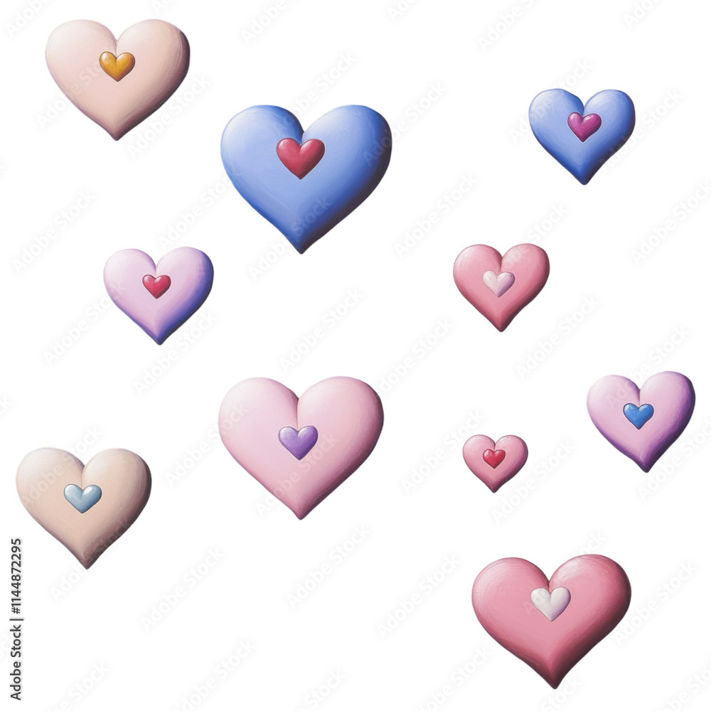 PNG A collection of colorful hearts in various sizes, featuring a glossy finish and layered design with smaller hearts inside larger ones. PNG A collection of colorful hearts in various sizes, featuring a glossy finish and layered design with smaller hearts inside larger ones.