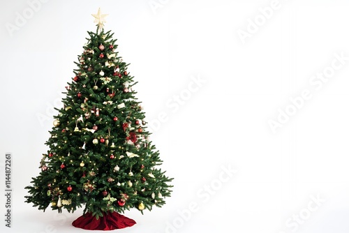 Decorated Christmas tree with ornaments and a star at the top in festive colors