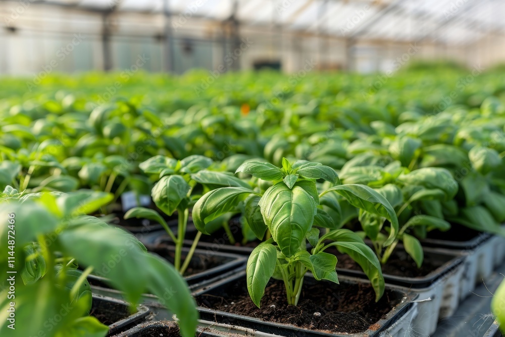 A greenhouse filled with rows of lush, green seedlings growing in black pots, creating a verdant and nurturing environment for new plant life to flourish. A greenhouse filled with rows of lush, green seedlings growing in black pots, creating a verdant and nurturing environment for new plant life to flourish.