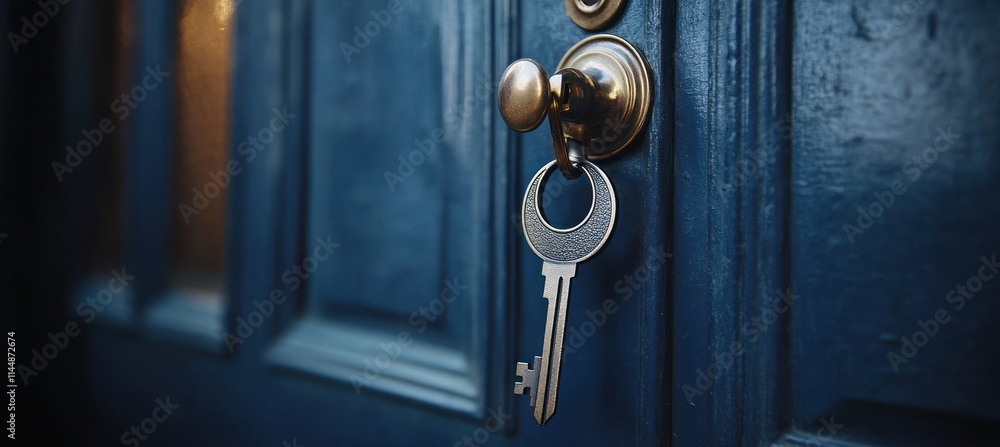 Key hanging from a golden door knob on a blue door. Key hanging from a golden door knob on a blue door.