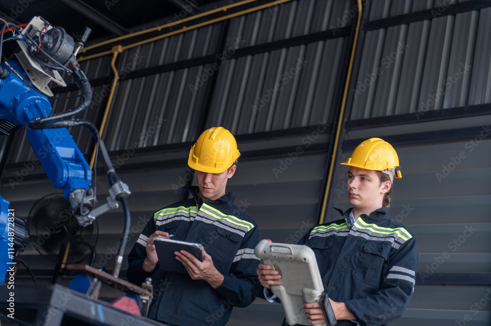 custom made wallpaper toronto digitalEngineer standing by robotic arm and operating machine in industry factory, technician worker check for repair maintenance electronic operation
