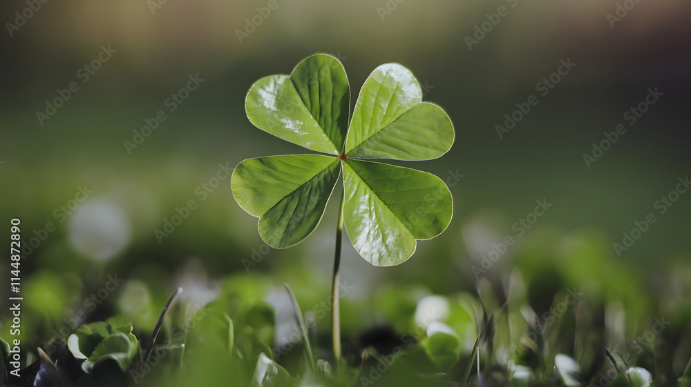 A close-up of a four-leaf clover standing tall against a blurred green background, symbolizing luck and nature. A close-up of a four-leaf clover standing tall against a blurred green background, symbolizing luck and nature.