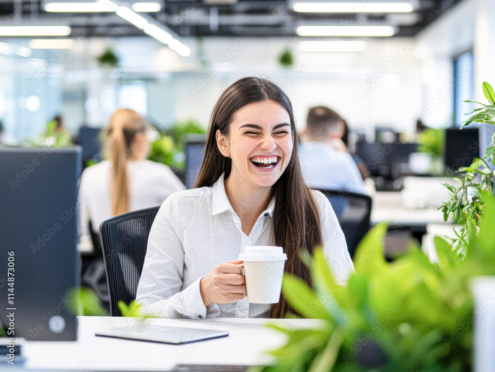 Joyful employee enjoys coffee break at modern office bright workspace candid shot positive vibes Joyful employee enjoys coffee break at modern office bright workspace candid shot positive vibes