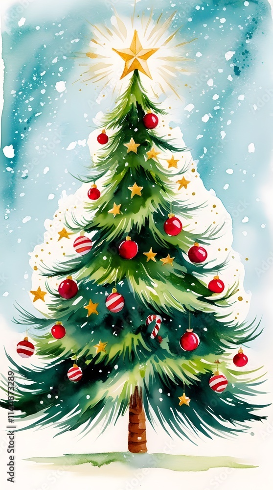 christmas tree with balls ,watercolor painting christmas tree with balls ,watercolor painting