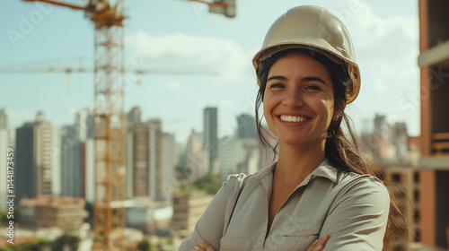 Confident Brazilian Female Engineer Smiling at Construction Site photo