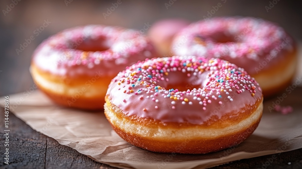 Three glazed donuts sprinkled with colorful sprinkles on kraft paper. Three glazed donuts sprinkled with colorful sprinkles on kraft paper.