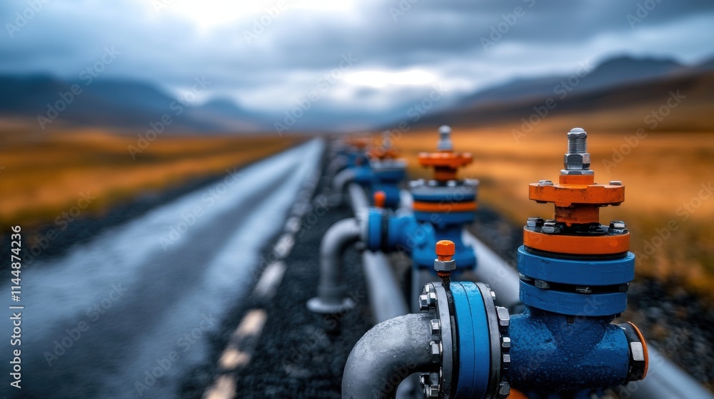 Industrial Pipeline System with Colorful Valves in a Scenic Landscape Under Dramatic Cloudy Sky Industrial Pipeline System with Colorful Valves in a Scenic Landscape Under Dramatic Cloudy Sky