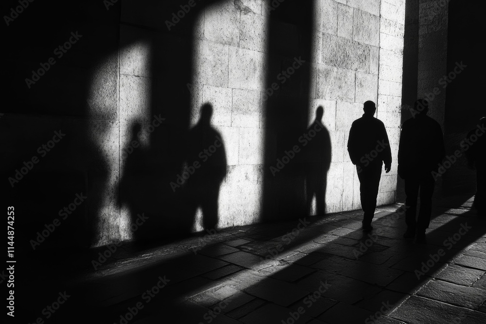 Silhouettes walking, shadows stretch on stone path. Silhouettes walking, shadows stretch on stone path.