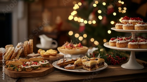 Delicious christmas cakes, cookies, and pastries arranged on a wooden table with a decorated christmas tree in the background creating a warm and festive atmosphere