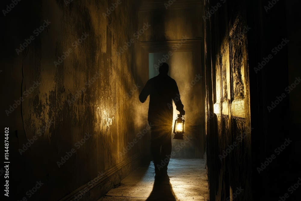 Silhouette walks dimly lit hallway, carrying lantern. Silhouette walks dimly lit hallway, carrying lantern.