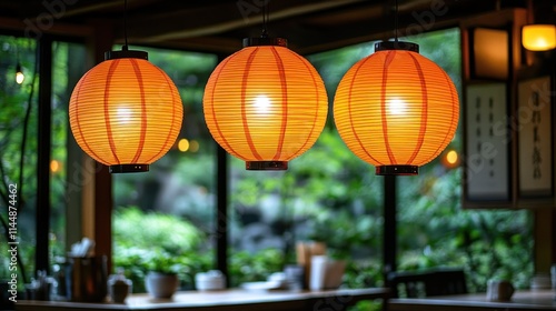 Three orange paper lanterns hang in a Japanese-style restaurant, casting a warm glow over a tranquil garden view.