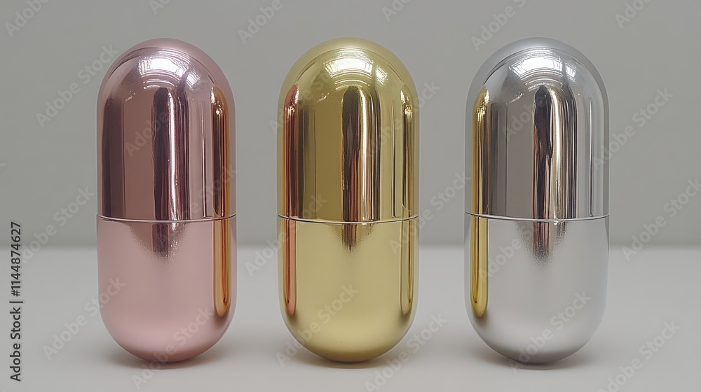 Three metallic capsule-shaped containers in rose gold, gold, and silver. Three metallic capsule-shaped containers in rose gold, gold, and silver.