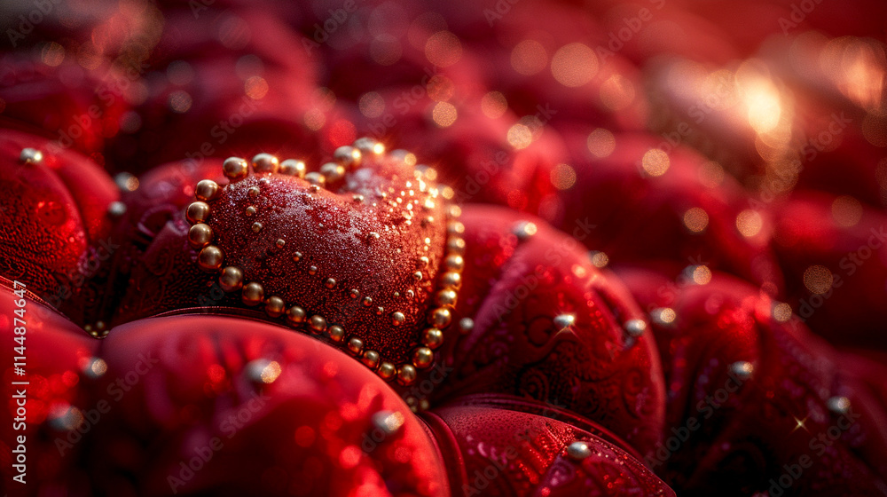 Intricate heart decorations surrounded by soft red textures at sunset Intricate heart decorations surrounded by soft red textures at sunset