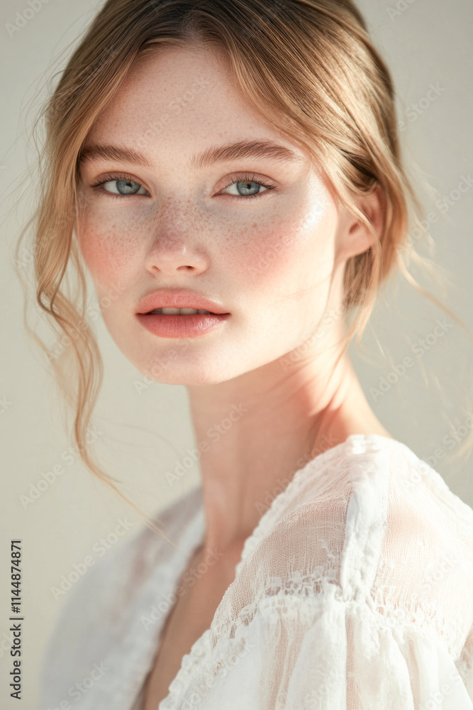 Young caucasian female with freckles posing in soft light Young caucasian female with freckles posing in soft light