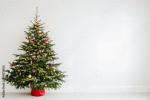 Festive Christmas tree adorned with ornaments and lights in a minimalistic interior setting for holiday celebrations