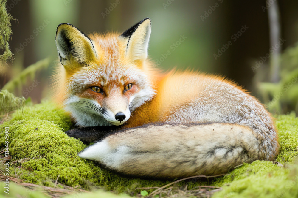Vibrant red fox resting on mossy forest floor with lush green background Vibrant red fox resting on mossy forest floor with lush green background