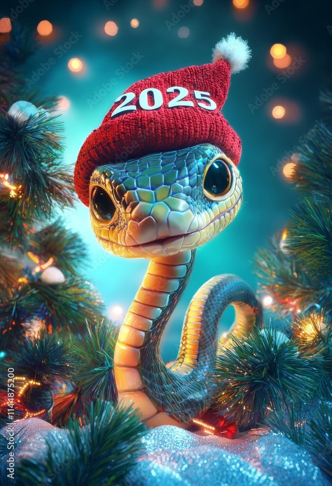 Fototapeta premium Cute cartoon snake wearing a red and white christmas hat with the year 2025 on it sits near a decorated christmas tree, celebrating the upcoming holiday season in a whimsical, festive scene