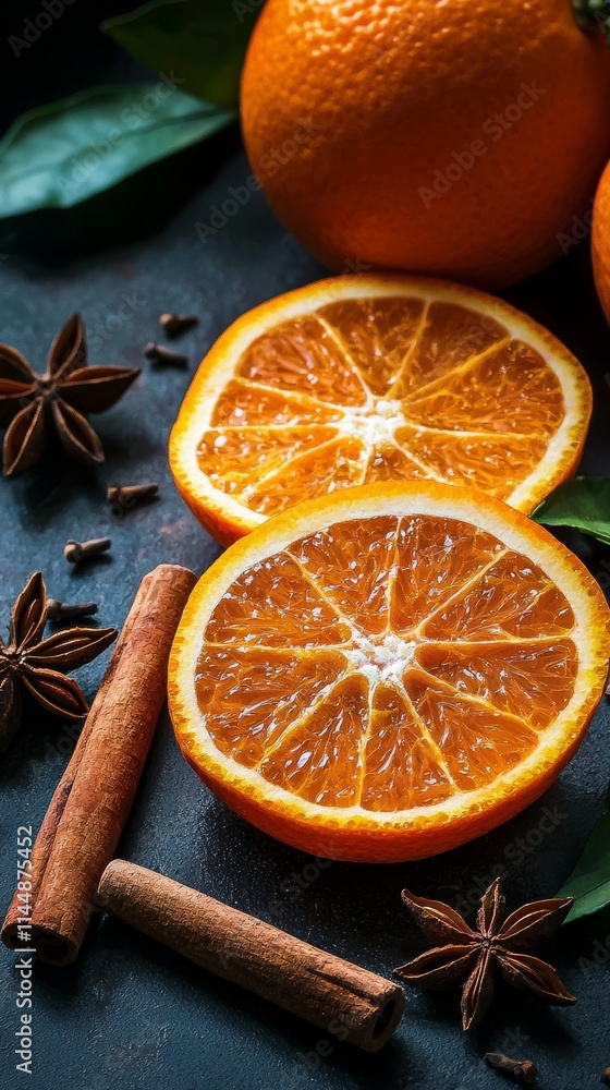 Two slices of fresh, juicy orange resting on a dark surface alongside cinnamon sticks, star anise, and cloves, with a whole orange and green leaves in the background Two slices of fresh, juicy orange resting on a dark surface alongside cinnamon sticks, star anise, and cloves, with a whole orange and green leaves in the background