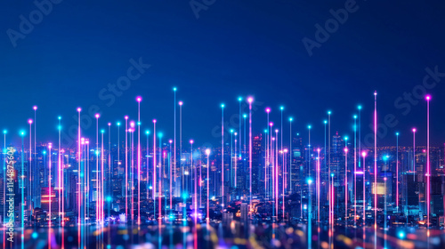 Futuristic Cityscape with Neon Lights and Digital Data Streams