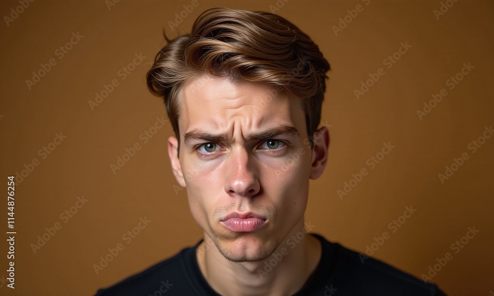 Portrait young man furrowed brow pouting expression annoyed Portrait young man furrowed brow pouting expression annoyed