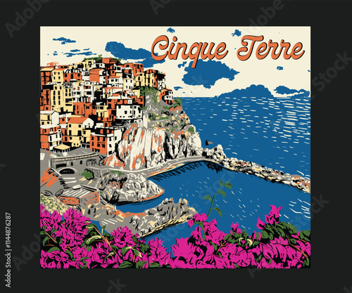 Cinque Terre Italy illustrations, Italian summer island vector art, European travel destination, Cinque Terre hand drawn artwork for graphic print