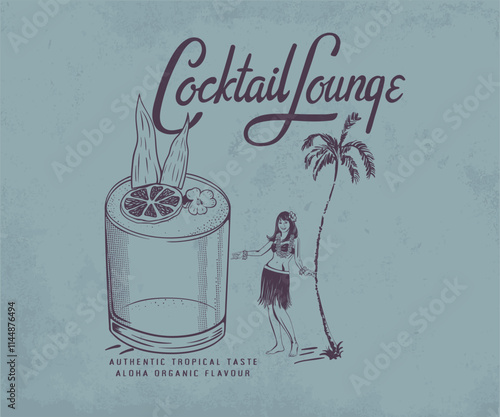 Hawaii cocktail lounge vector design, cocktail glass with lemon and flower vector art, Aloha summer beach resort  artwork for t shirt, poster, screen print, Hawaiian girl with palm tree illustration
