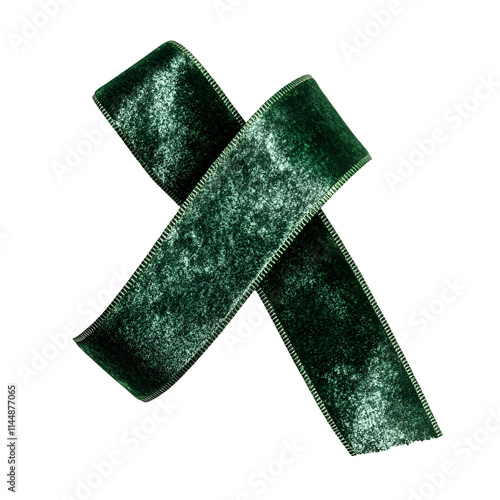 Dark Green Velvet Ribbon, Elegant XShaped, Glittering Texture, Isolated Background photo