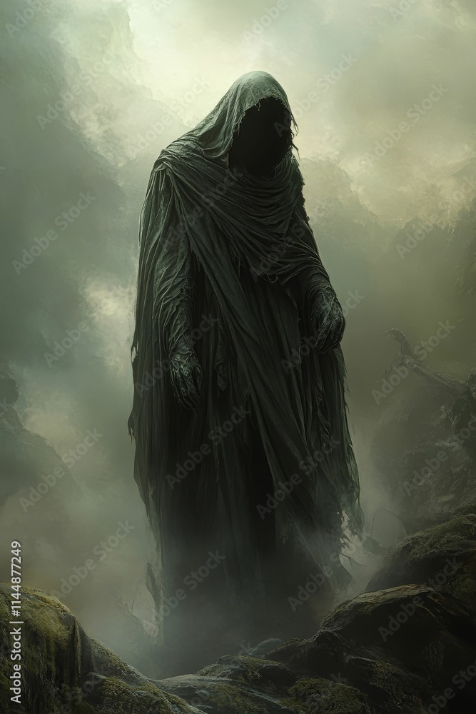 Hooded figure, dark robe, misty mountains. Hooded figure, dark robe, misty mountains.