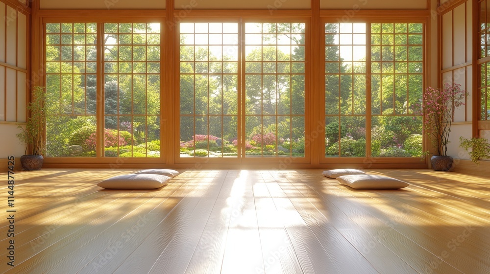 Tranquil Japanese interior with garden view. Sunlight streams into a traditional room with tatami mats, sliding doors, and a serene garden beyond. Tranquil Japanese interior with garden view. Sunlight streams into a traditional room with tatami mats, sliding doors, and a serene garden beyond.