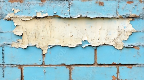 Peeling Paint Reveals Older Layer On Blue Brick Wall