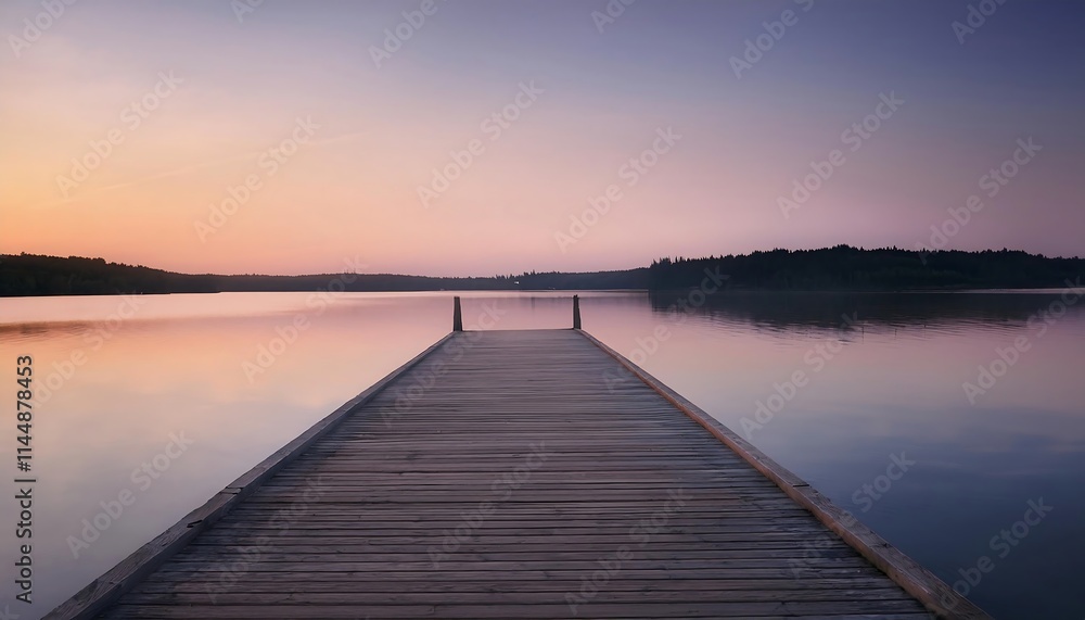 Tranquil dock at sunset over calm water. Tranquil dock at sunset over calm water.