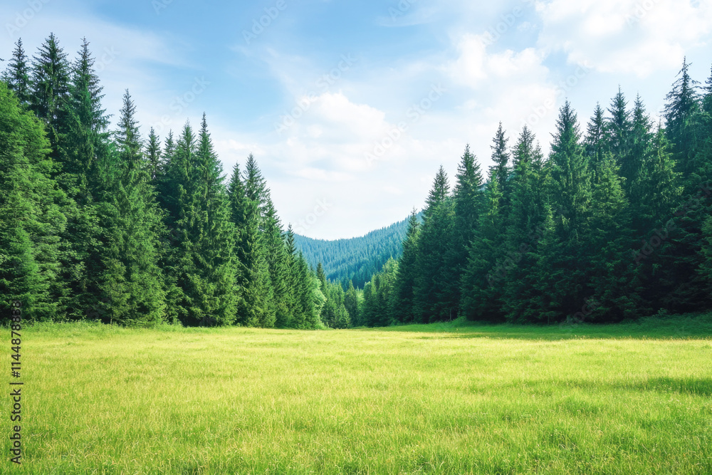 Fototapeta premium Lush green forest with open meadow under clear blue sky