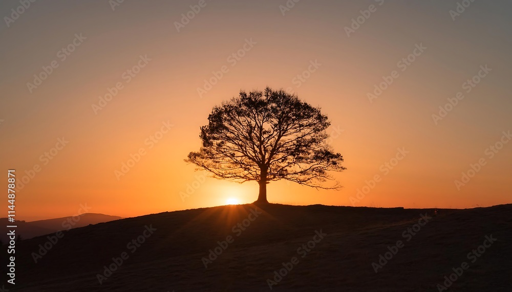Silhouette of a tree at sunset on a hillside. Silhouette of a tree at sunset on a hillside.