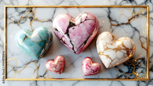 Four marble hearts, pink, teal, and white with gold crackle, rest on a goldframed marble tray. Small hearts flank a larger pair. Luxurious Valentines aesthetic. photo