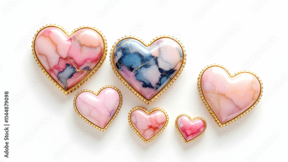 Five heartshaped brooches in varying sizes. Pink and blue marbled stone insets, gold frames with small embellishments. Elegant and romantic jewelry. Five heartshaped brooches in varying sizes. Pink and blue marbled stone insets, gold frames with small embellishments. Elegant and romantic jewelry.