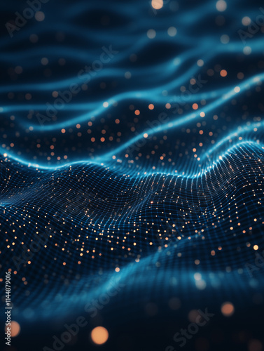 Abstract Digital Wave with Glowing Particles in Dark Blue