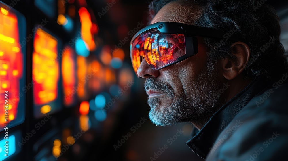 Man wearing futuristic glasses, observing screens. Man wearing futuristic glasses, observing screens.