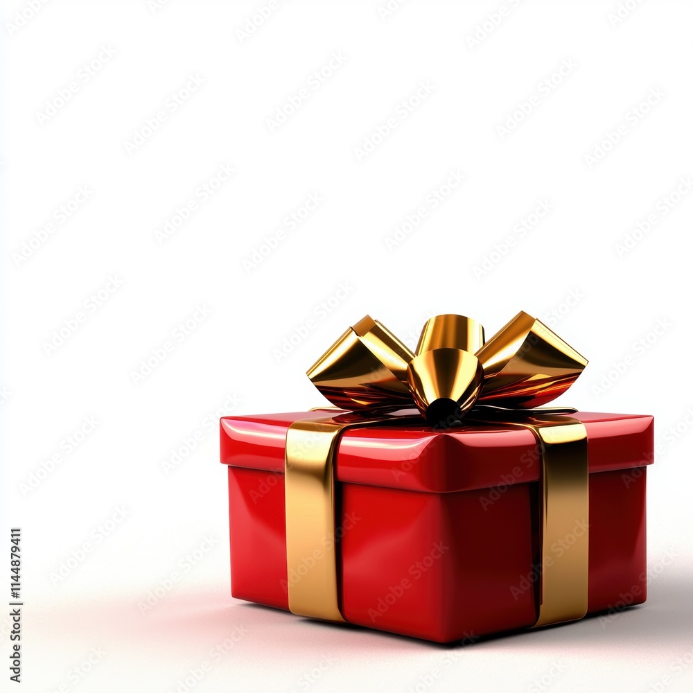 Fototapeta premium A vibrant red gift box adorned with a shiny gold ribbon and bow, symbolizing celebration and surprise.