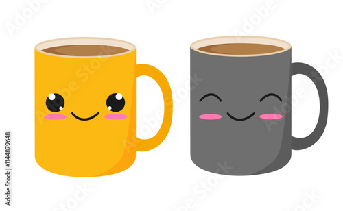Cartoon cute coffee mugs in Kawaii style. Isolated on white background. Vector illustration in a flat style. Flat design.	
